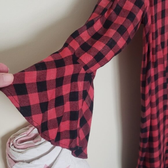 Cloth & Stone/Anthropologie red and black plaid dress, tie front, bell sleeves - Picture 3 of 5